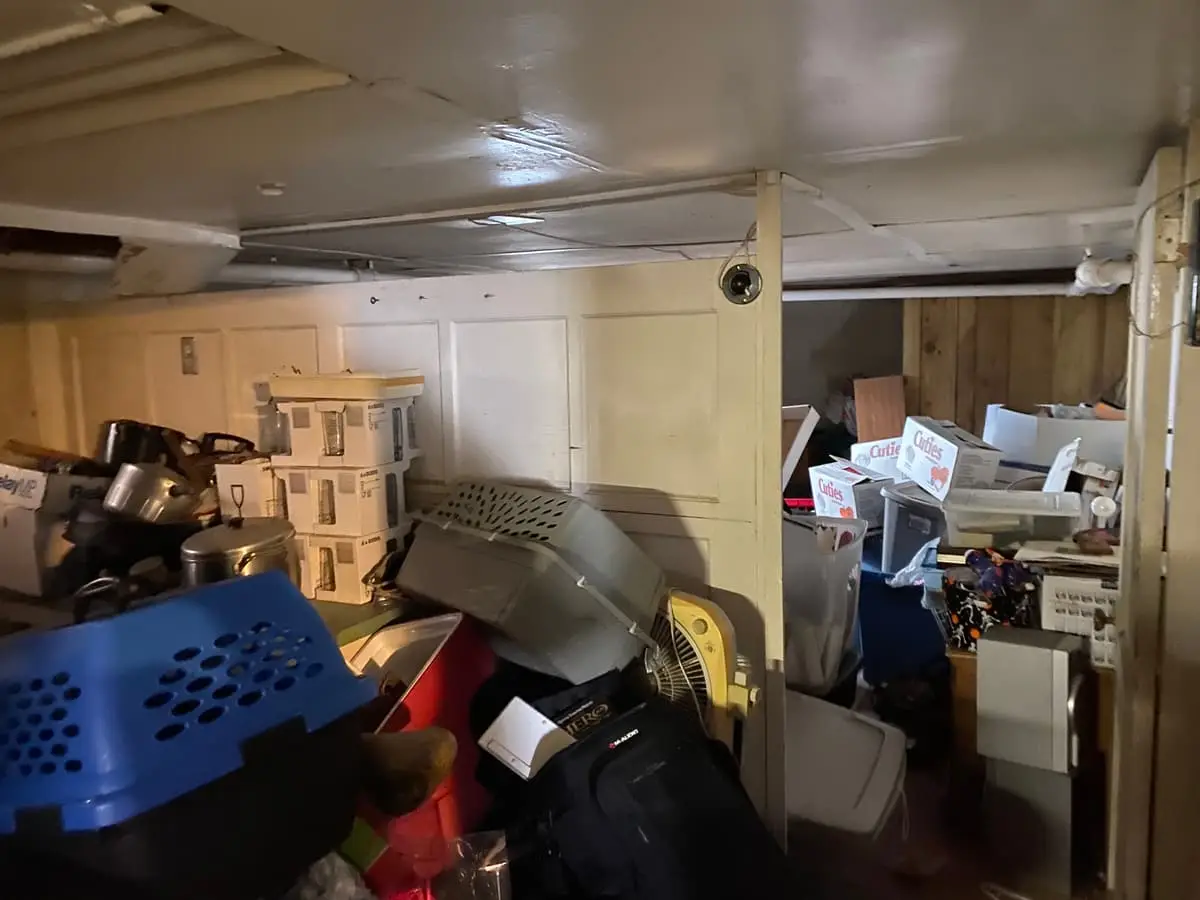 Selling a hoarder house in Baldwin: basement packed with crates, carriers and boxes